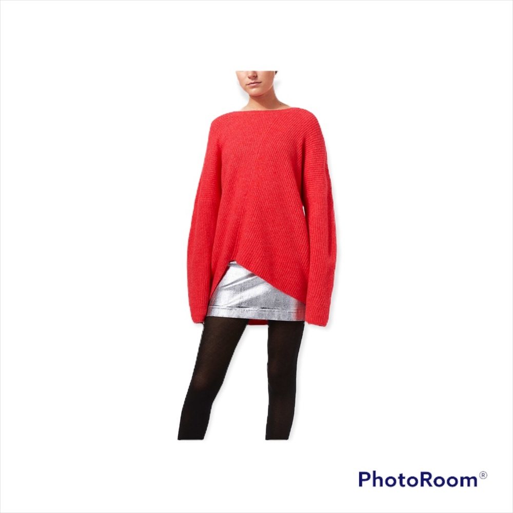 WEEKDAY Oversized Asymmetric Hem drop sleeve wool blend sweater Coral Sz Small
